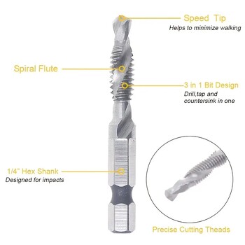 6 τμχ Σετ τρυπανιών και μύτης κρουνού HSS 2 σε 1, κλασματικά 1/8 έως 3/8 ίντσας με εξάγωνο στέλεχος 1/4 ίντσας και σετ εργαλείων σπειροειδούς φλάουτου,