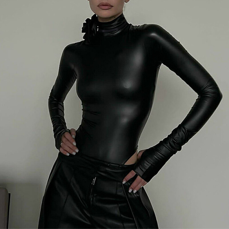 OMSJ kunstnahast musta lipsuga lilleline stiilne naiste kilpkaelusega pikkade varrukatega peidetud nööbiga kõhn seksikas bodid, tänavastiilis püksid