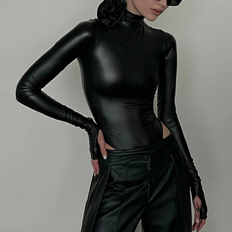 OMSJ kunstnahast musta lipsuga lilleline stiilne naiste kilpkaelusega pikkade varrukatega peidetud nööbiga kõhn seksikas bodid, tänavastiilis püksid