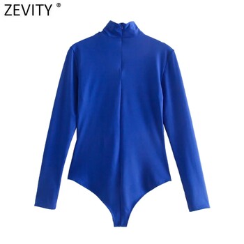 Zevity New Women Sexy Knotted Hollow Out Design Solid Blue Bodysuits Slim Bodysuits Lady Chic High Street Rompers с цип на гърба LS9798