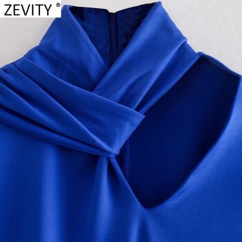 Zevity New Women Sexy Knotted Hollow Out Design Solid Blue Bodysuits Slim Bodysuits Lady Chic High Street Rompers с цип на гърба LS9798