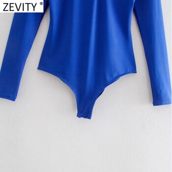 Zevity New Women Sexy Knotted Hollow Out Design Solid Blue Bodysuits Slim Bodysuits Lady Chic High Street Rompers с цип на гърба LS9798