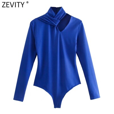 Zevity New Women Sexy înnodat cu design scobit Solid Culoare albastră Slim Bodysuits Lady Chic High Street cu fermoar Spate Salopete LS9798