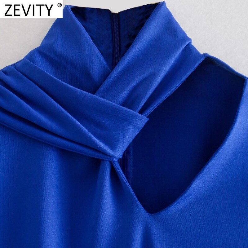 Zevity New Women Sexy mezglots, dobs, izliekts dizains vienkrāsains zils, plāns bodijs Lady Chic High Street muguras rāvējslēdzēja rombiņi LS9798