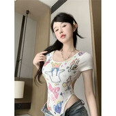 Elegáns Niche Bodysuit derék rövid ujjú női 2024 nyári ruházat Karcsúsított graffiti nyomott body felsők Új Y2k póló