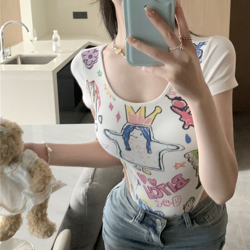 Elegáns Niche Bodysuit derék rövid ujjú női 2024 nyári ruházat Karcsúsított graffiti nyomott body felsők Új Y2k póló
