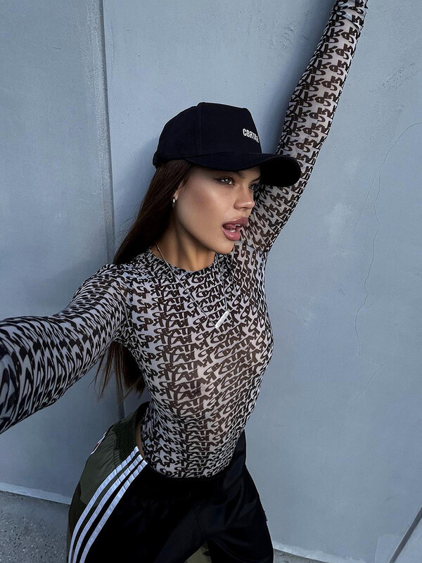 Γυναικείο εμπριμέ Tide Mesh Hottie ολόσωμο σέξι ελαφρώς διαφανές μακρυμάνικο στενό εσωτερικά γυναικεία ρούχα