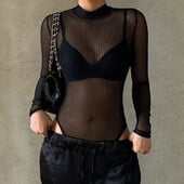 Priehľadné body s hlbokým výstrihom, priehľadné klubové overaly s dlhým rukávom, dámske jednofarebné čierne tričko, elegantné sexy streetwear