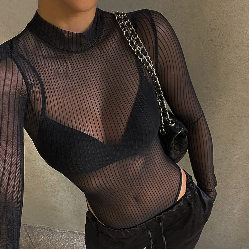 Priehľadné body s hlbokým výstrihom, priehľadné klubové overaly s dlhým rukávom, dámske jednofarebné čierne tričko, elegantné sexy streetwear
