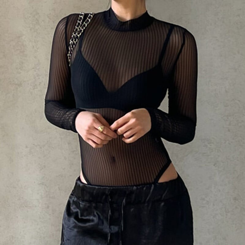 Priehľadné body s hlbokým výstrihom, priehľadné klubové overaly s dlhým rukávom, dámske jednofarebné čierne tričko, elegantné sexy streetwear