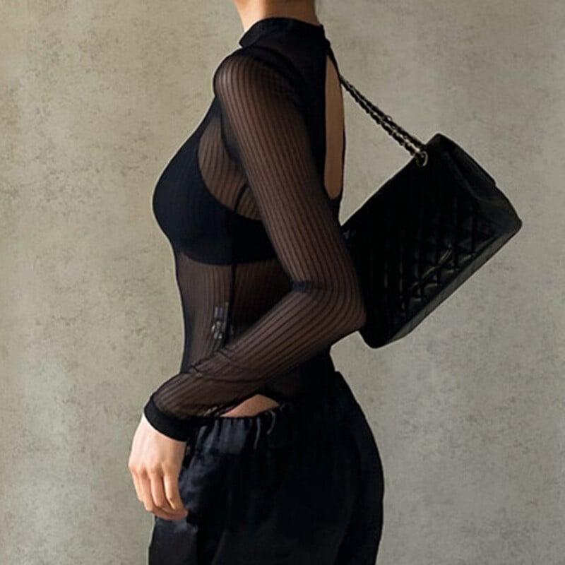 Priehľadné body s hlbokým výstrihom, priehľadné klubové overaly s dlhým rukávom, dámske jednofarebné čierne tričko, elegantné sexy streetwear