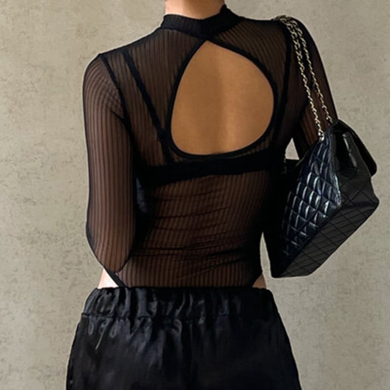 Priehľadné body s hlbokým výstrihom, priehľadné klubové overaly s dlhým rukávom, dámske jednofarebné čierne tričko, elegantné sexy streetwear