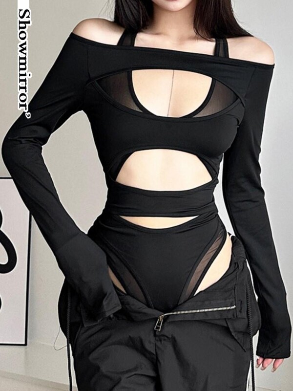 Body gotic Harajuku pentru femei, haine Y2K, punk, scobite, sexy, bodycon, tricouri din plasă, cu mânecă lungă