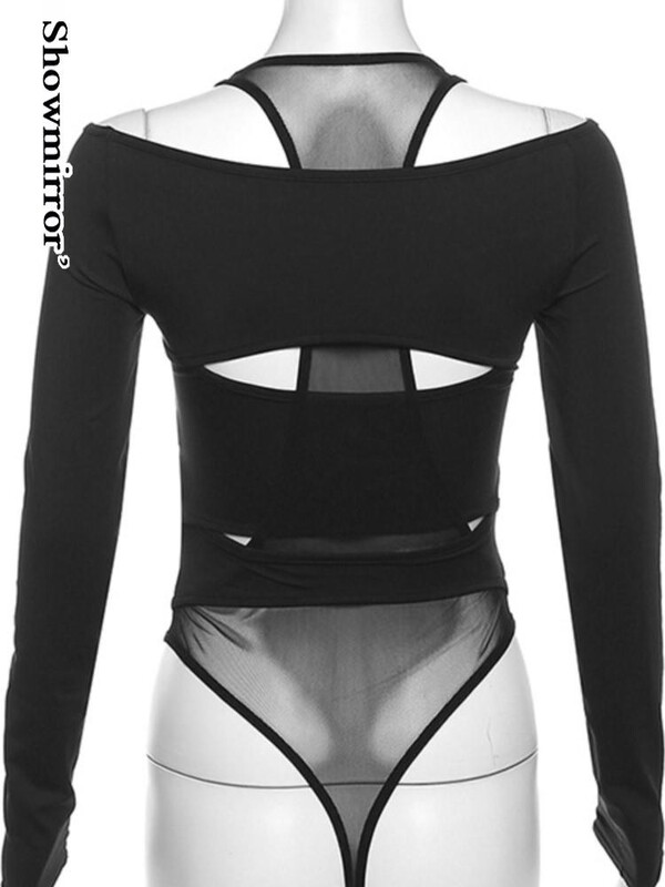 Body gotic Harajuku pentru femei, haine Y2K, punk, scobite, sexy, bodycon, tricouri din plasă, cu mânecă lungă