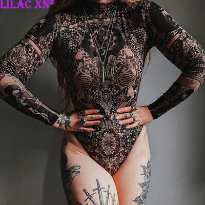 Gothic Print Naked See Through Bodycon kombinezoni Y2K mežģīņu tīkliņš ar garām piedurknēm plāni bodiji Sieviešu vasaras T-krekli Ielas apģērba topi