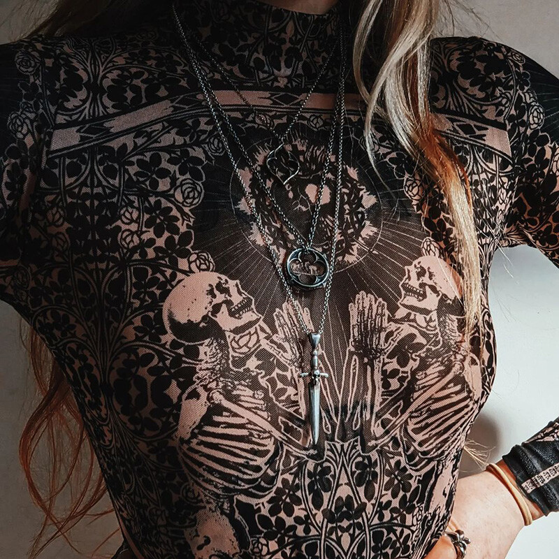 Gothic Print Meztelenül átlátszó Bodycon Jumpsuitek Y2K csipkehálós hosszú ujjú karcsú bodyk Női nyári pólók Utcai felsők