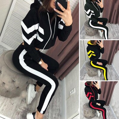 1 Set Trening Popular Femei Hanorac Pantaloni de trening Culoare contrastantă Cu șnur Manșetă cu nervuri Set de îmbrăcăminte sport Dressing