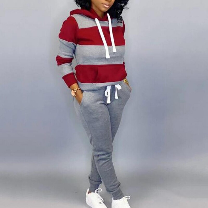 Set de 2 bucăți șic cu șnur de toamnă, pantaloni cu glugă, sport, culori contrastante, primăvară, pantaloni, costum cald