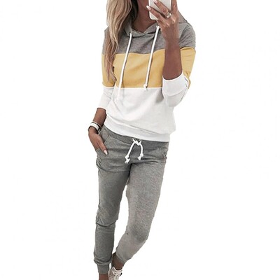 Moderns ikdienas apģērbs, sarūkošs apakšmalas augšdaļas bikses komplekts, kabatas, krāsaina sieviešu kapuce, skriešanas bikses, uzvalks aukstumizturīgs