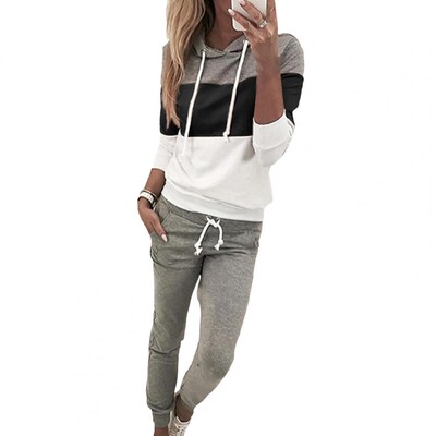 Moderns ikdienas apģērbs, sarūkošs apakšmalas augšdaļas bikses komplekts, kabatas, krāsaina sieviešu kapuce, skriešanas bikses, uzvalks aukstumizturīgs