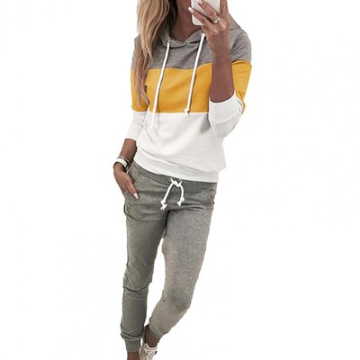 Moderns ikdienas apģērbs, sarūkošs apakšmalas augšdaļas bikses komplekts, kabatas, krāsaina sieviešu kapuce, skriešanas bikses, uzvalks aukstumizturīgs