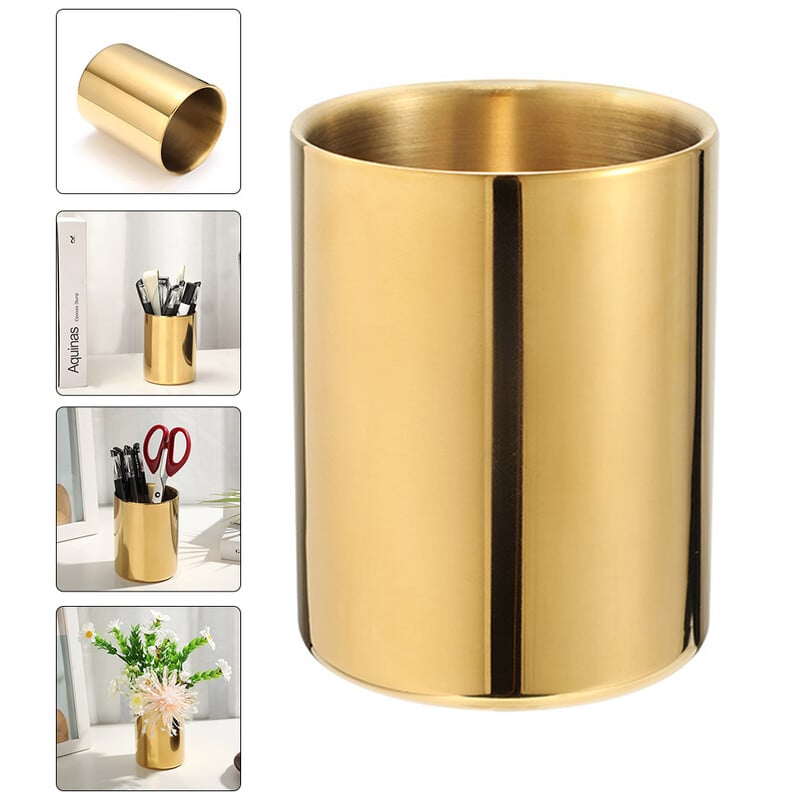 Vază din oțel inoxidabil Pen Creion Container de stocare de birou Organizator de papetărie Instrumente perie de machiaj Creion