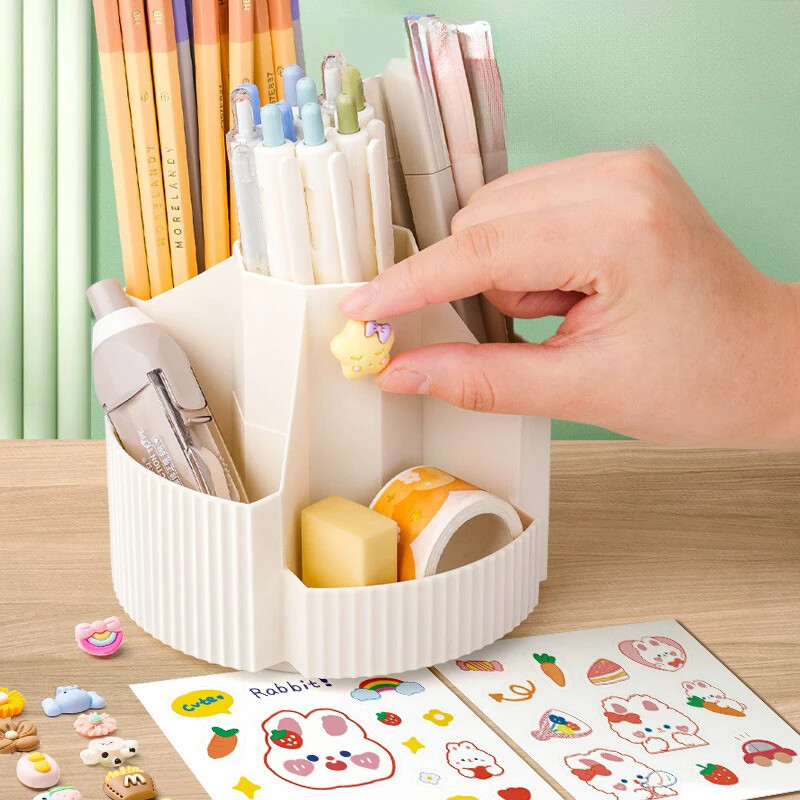Stolný organizér na papiernictvo s 5 priehradkami, úložný box na papiernictvo s 360-stupňovým otočením, roztomilý hrnček na ceruzky pre domácu kanceláriu a školu