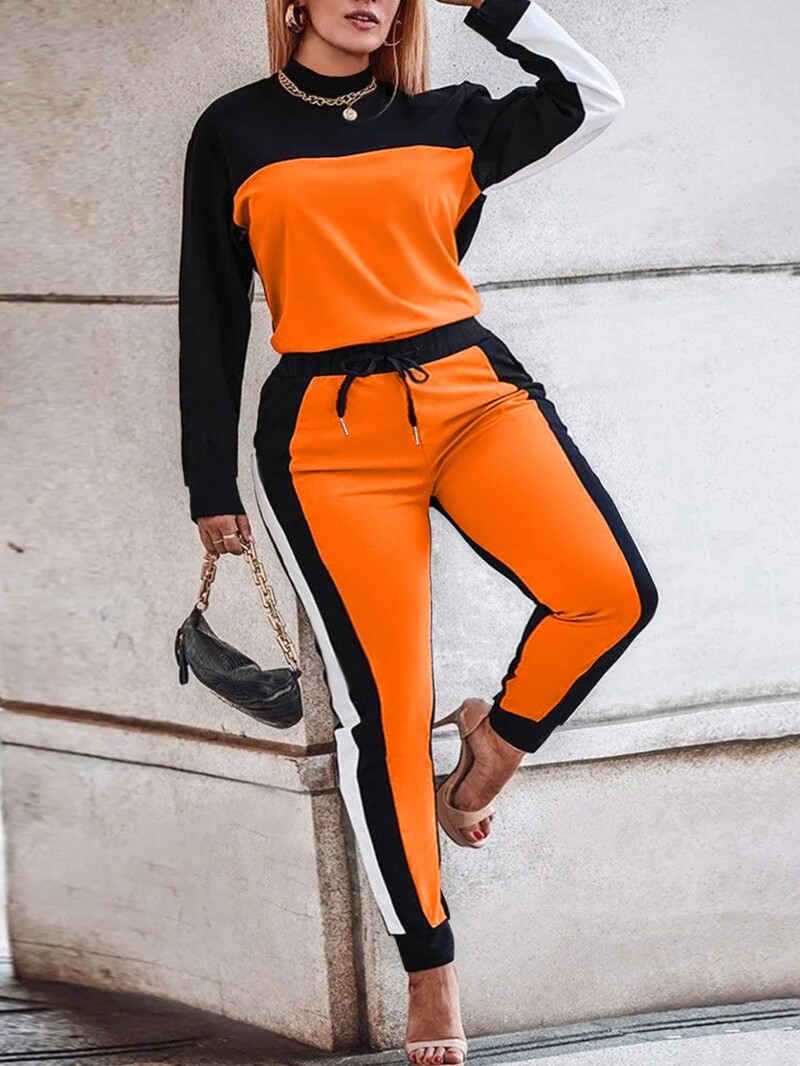 LW Set pantaloni cu șnur cu dungi în mozaic, mărime mare, cu gât fals, cu mânecă lungă, în contrast, set sportiv din două piese pentru femei