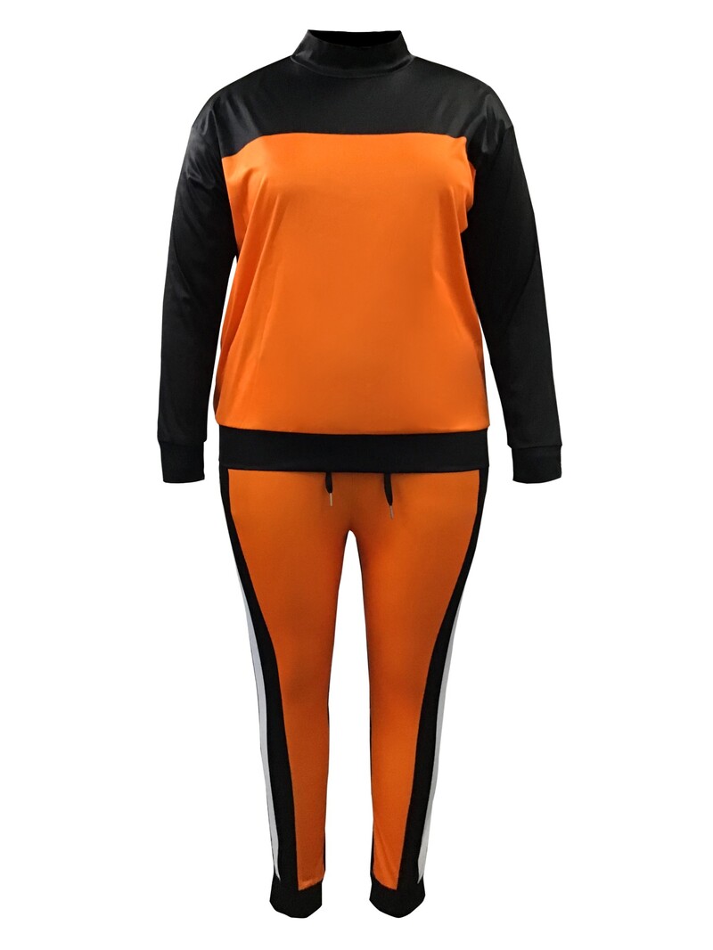 LW Set pantaloni cu șnur cu dungi în mozaic, mărime mare, cu gât fals, cu mânecă lungă, în contrast, set sportiv din două piese pentru femei