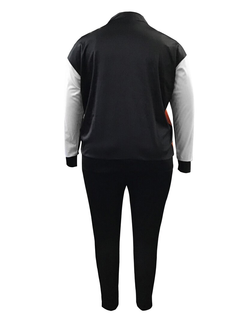 LW Set pantaloni cu șnur cu dungi în mozaic, mărime mare, cu gât fals, cu mânecă lungă, în contrast, set sportiv din două piese pentru femei