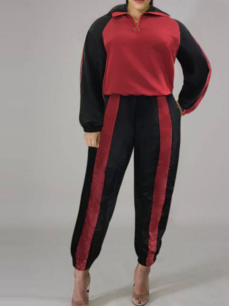 4XL 5XL LW Ženska trenirka s džepnim džepovima s mandarinskim ovratnikom i velikim veličinama, komplet hlača s patchwork dizajnom na patentni zatvarač, jesen i zima.