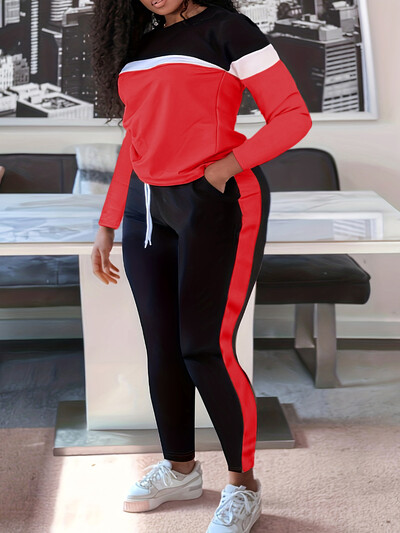 4XL 5XL LW Set de pantaloni cu șnur cu șnur în dungi de mărime mare, cu gât rotund, ținută în două piese, costum sportiv