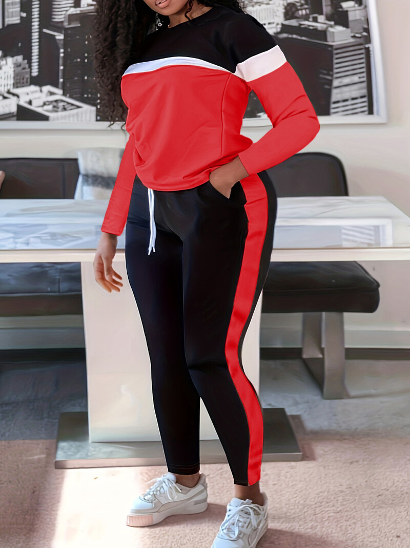 4XL 5XL LW Set de pantaloni cu șnur cu șnur în dungi de mărime mare, cu gât rotund, ținută în două piese, costum sportiv