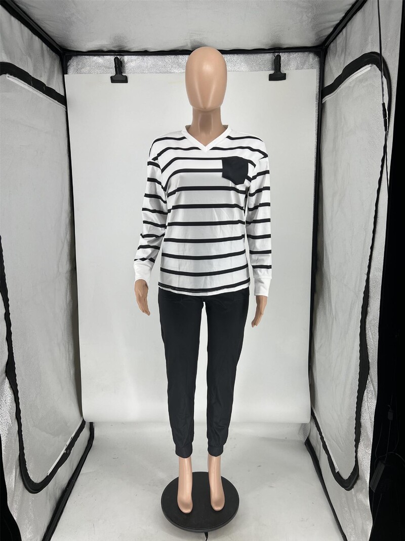 LW V kakla zebra svītrains, regulāri pieguļošs bikšu komplekts 2023. gada jauns rudens V kakla izgriezums, gadījuma raksturs ar garām piedurknēm, savilkšanas aukliņas, divdaļīgs komplekts sievietēm