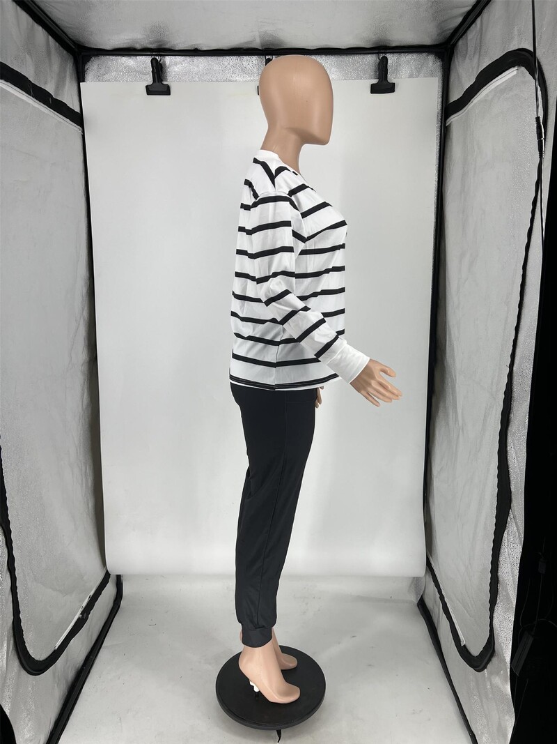 LW V kakla zebra svītrains, regulāri pieguļošs bikšu komplekts 2023. gada jauns rudens V kakla izgriezums, gadījuma raksturs ar garām piedurknēm, savilkšanas aukliņas, divdaļīgs komplekts sievietēm