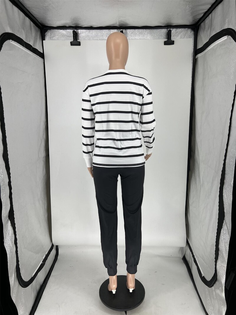 LW V kakla zebra svītrains, regulāri pieguļošs bikšu komplekts 2023. gada jauns rudens V kakla izgriezums, gadījuma raksturs ar garām piedurknēm, savilkšanas aukliņas, divdaļīgs komplekts sievietēm