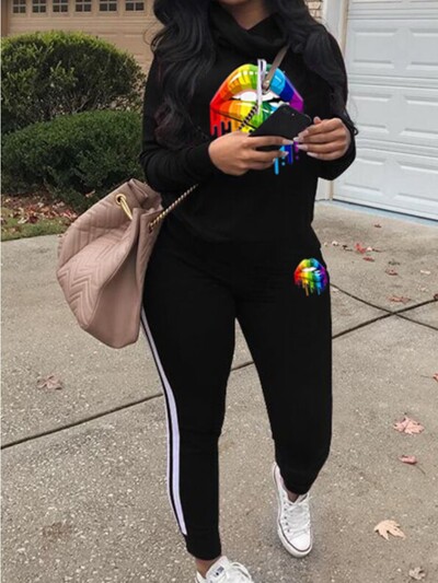 5XL LW velika veličina Jesensko-zimski ispis slova Regularni prugasti dugih rukava Osnovni sportski modni komplet plavih hlača s dolčevitom i kapuljačom