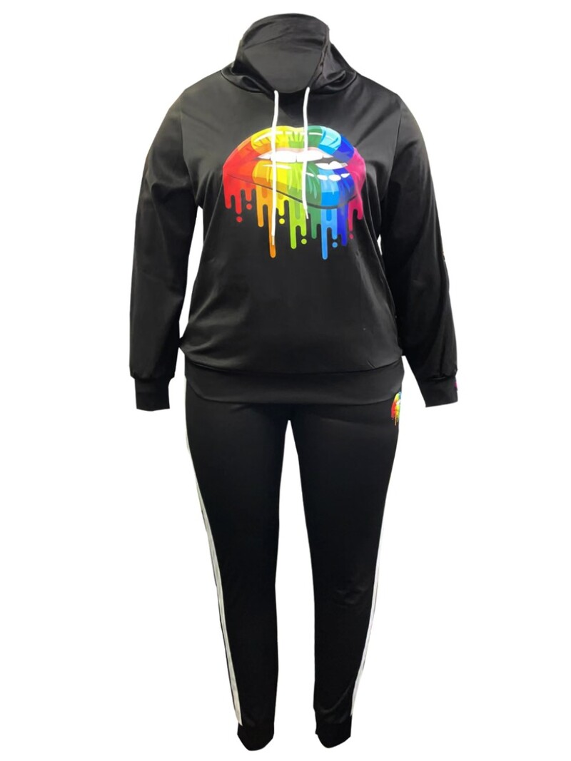 5XL LW velika veličina Jesensko-zimski ispis slova Regularni prugasti dugih rukava Osnovni sportski modni komplet plavih hlača s dolčevitom i kapuljačom