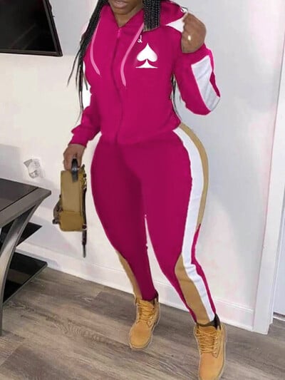 LW plusz méretű női őszi és téli alkalmi hosszú ujjú kapucnis gallérral csíkos póker fekete rugalmas sportruházati tréningruha szett