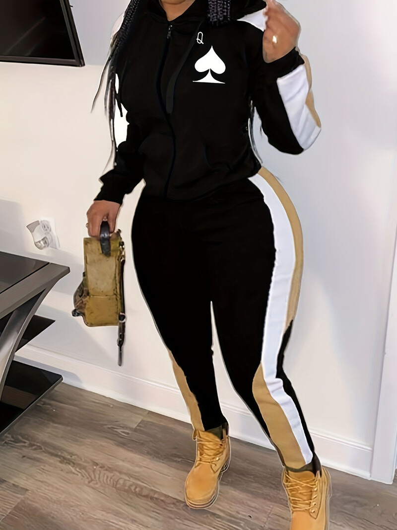 LW plusz méretű női őszi és téli alkalmi hosszú ujjú kapucnis gallérral csíkos póker fekete rugalmas sportruházati tréningruha szett