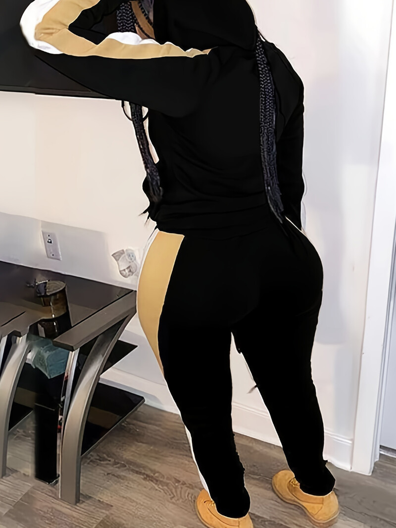 LW plusz méretű női őszi és téli alkalmi hosszú ujjú kapucnis gallérral csíkos póker fekete rugalmas sportruházati tréningruha szett