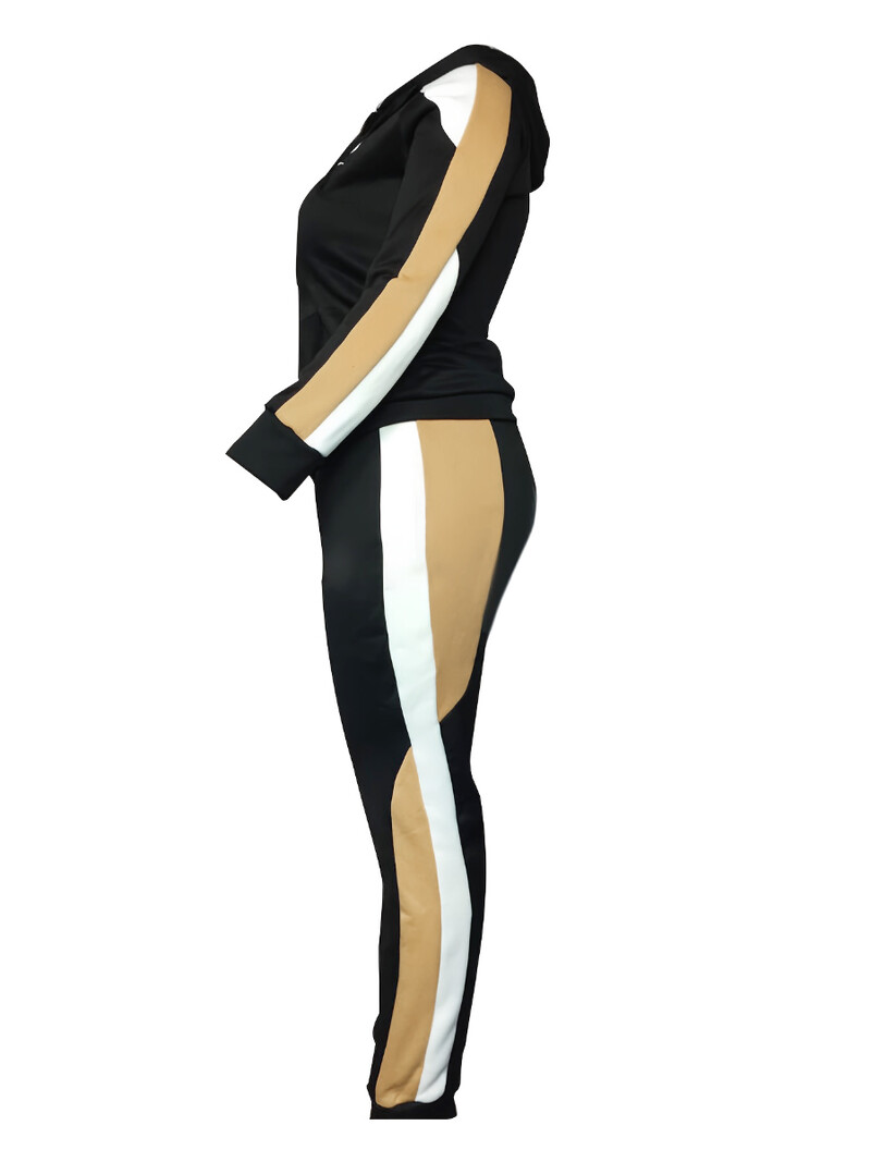 LW plusz méretű női őszi és téli alkalmi hosszú ujjú kapucnis gallérral csíkos póker fekete rugalmas sportruházati tréningruha szett