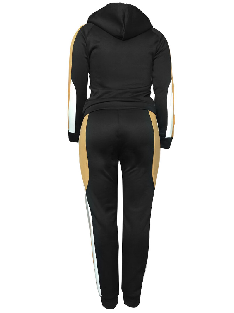 LW plusz méretű női őszi és téli alkalmi hosszú ujjú kapucnis gallérral csíkos póker fekete rugalmas sportruházati tréningruha szett