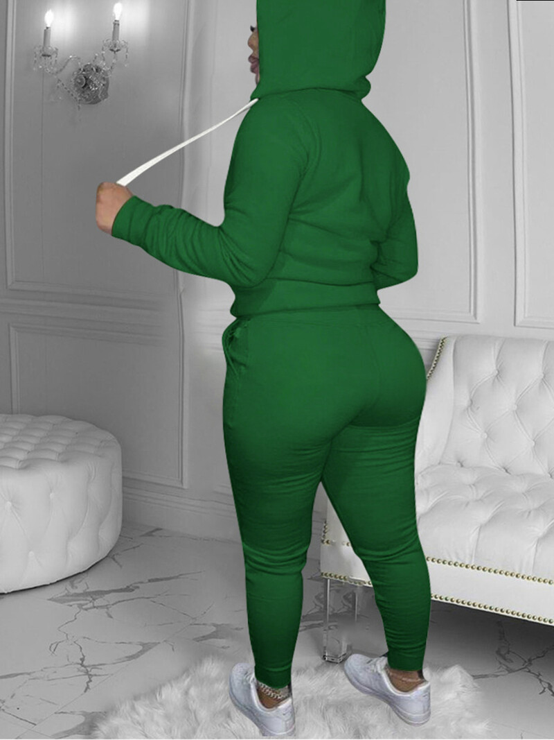 LW Plus Size Γυναικεία Φθινοπωρινή & Χειμώνα Πράσινη κουκούλα γιακά μακριά μανίκια ελαστικό παντελόνι δύο τεμαχίων κοστούμι καγκουρό σετ φόρμας τσέπης