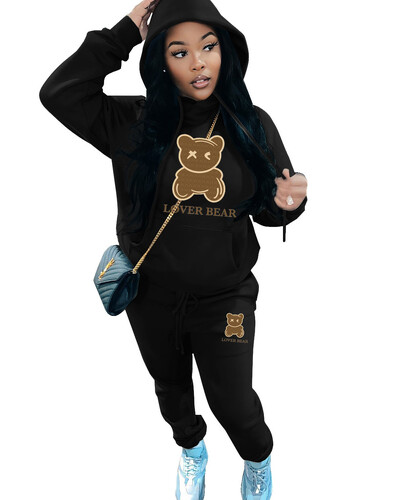 2024 Ținute 2 piese cu imprimeu cu litere pentru femei Ursuleț cu litere imprimeu Set trening cu buzunar cangur Hanorac cu mânecă lungă și pantaloni