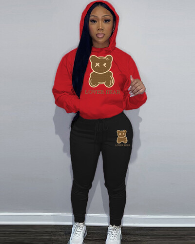 2024 Ținute 2 piese cu imprimeu cu litere pentru femei Ursuleț cu litere imprimeu Set trening cu buzunar cangur Hanorac cu mânecă lungă și pantaloni