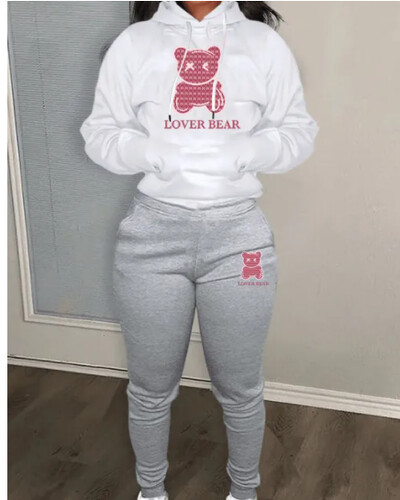 2024 Ținute 2 piese cu imprimeu cu litere pentru femei Ursuleț cu litere imprimeu Set trening cu buzunar cangur Hanorac cu mânecă lungă și pantaloni