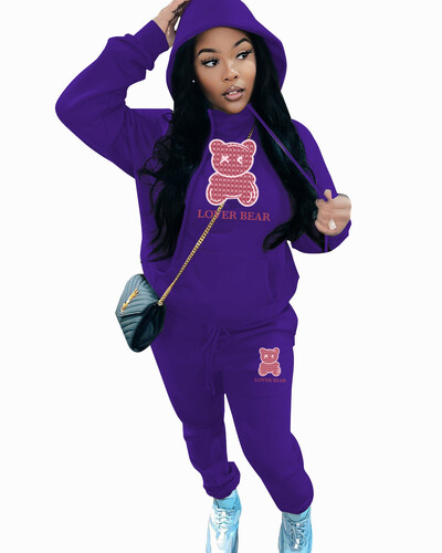 2024 Ținute 2 piese cu imprimeu cu litere pentru femei Ursuleț cu litere imprimeu Set trening cu buzunar cangur Hanorac cu mânecă lungă și pantaloni