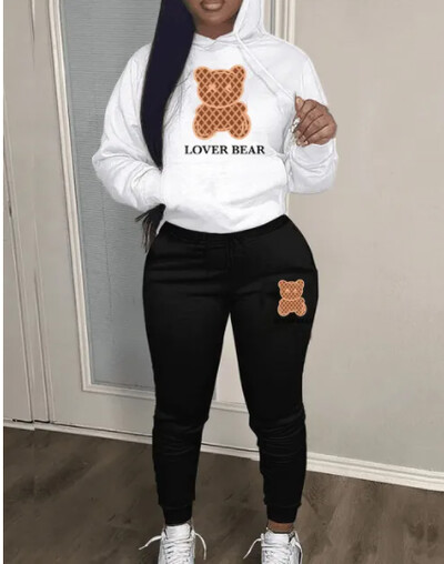 2024 Ținute 2 piese cu imprimeu cu litere pentru femei Ursuleț cu litere imprimeu Set trening cu buzunar cangur Hanorac cu mânecă lungă și pantaloni