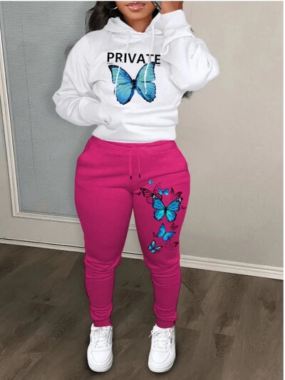 2024 Ținute 2 piese cu imprimeu cu litere pentru femei Ursuleț cu litere imprimeu Set trening cu buzunar cangur Hanorac cu mânecă lungă și pantaloni